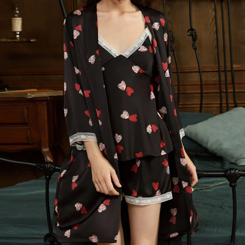 

Satin 3PCS PJS Set Women Outfits Print Love Sleepwear Pajamas Suit V-Neck Kimono Robe Gown Lace Patchwork Nightwear Lingerie