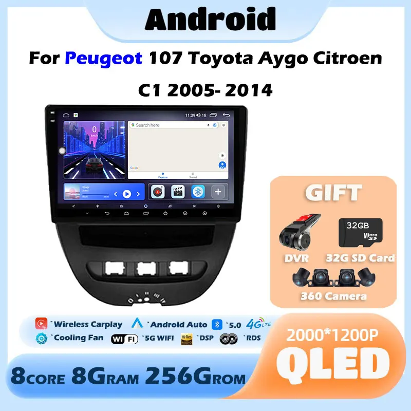 

Автомобильный мультимедийный плеер для Peugeot 107, Toyota Aygo, Citroen C1 2005- 2014, Android 13, стерео, GPS-навигация, BT, Wi-Fi, 2Din