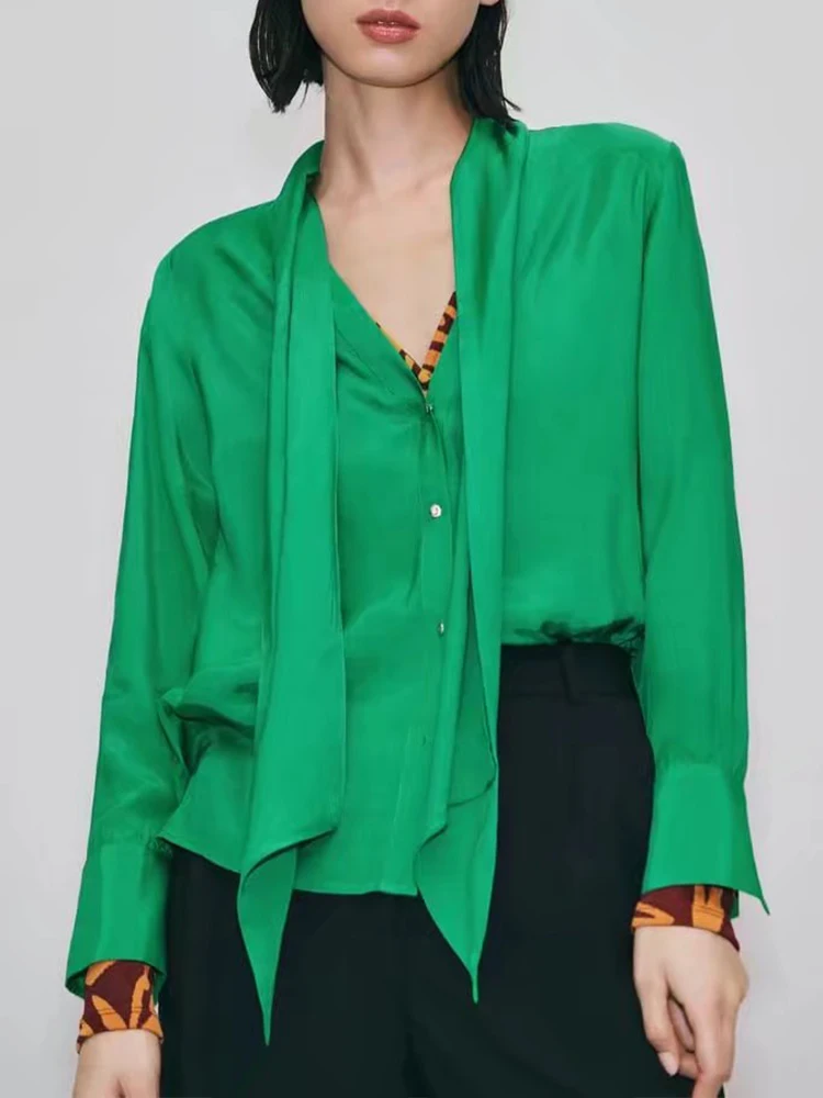 

ZA Spring Summer Women Blouse 2022 New Casual Loose Sweet Solid Tops Long Sleeve Bow Collar Vintage Single Breasted Shirts