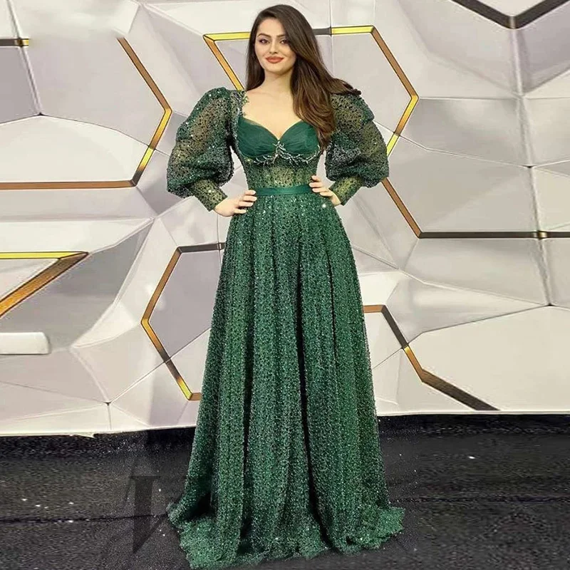 

Glitter Green Prom Dresses Sweetheart Belt Evening Gowns Long Puffy Sleeves Arabic Cocktail Formal Wedding Robes De Soirée