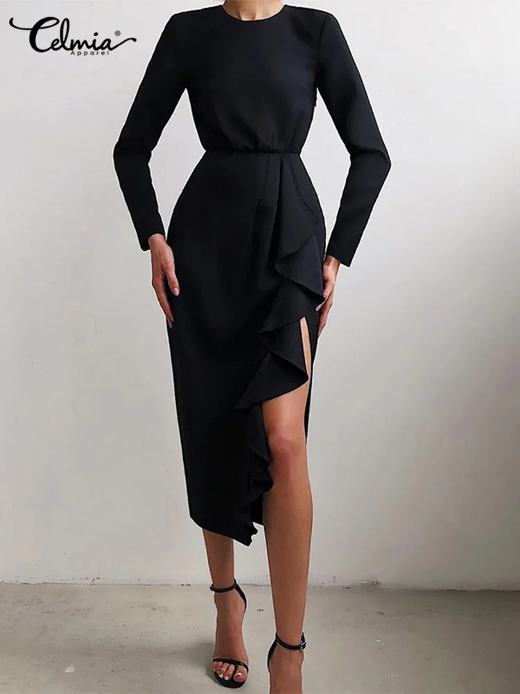 

Весеннее ДРАПИРОВАННОЕ облегающее вечернее платье Celmia с круглым вырезом, модное платье миди с длинным рукавом, Женские Элегантные платья с ...