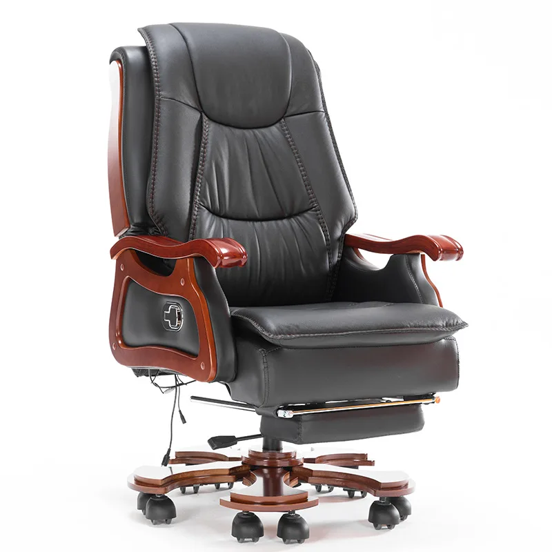 

Leather Boss Chair Can Lift And Rotate Solid Wood Computer Chair Reclining Cowhide Office Chair With Massage Footstool Furniture