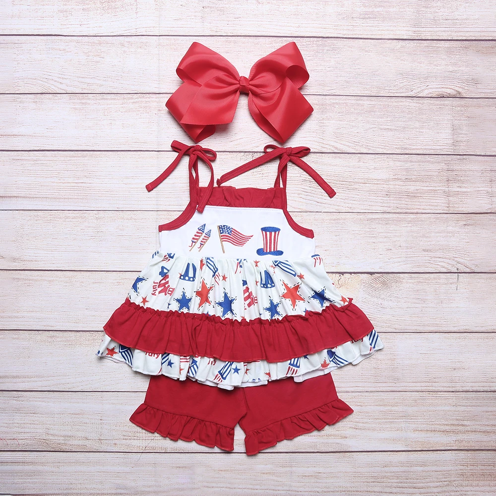 

Baby Girl Clothes Set 2pcs Cotton Red Suit Independence Day Embroidery Bodysuit Toddler Babi T-shirt Outfits Bow 1-8T Shorts