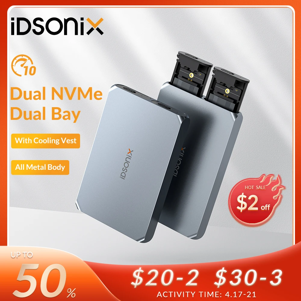 

iDsonix 10Gbps Dual NVMe SSD Enclosure Support Dual Bay Protocol M.2 NVMe & NGFF SATA SSD Disk Case For B&M Key SSD Data Adapter