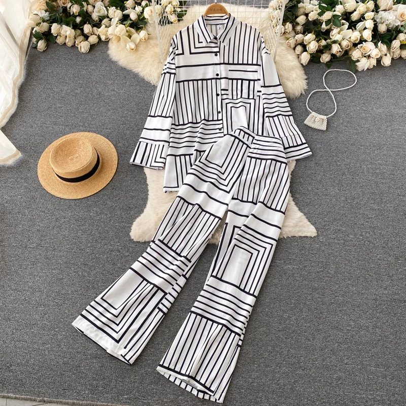 

Autumn Winter Geometric Print Set Women Button Up Blouse Shirt Tops +Pants Elegant Loose Tracksuit Two Piece Set Fitness Outfits