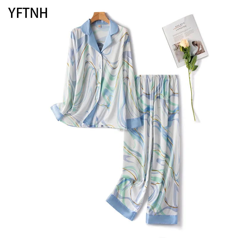 

YFTNH Boutique Fashion Pajama Sets for Women Soft Sleepwear Suit Satin Silk Long Sleeve Night Shirts and Pants Outfits Homewear