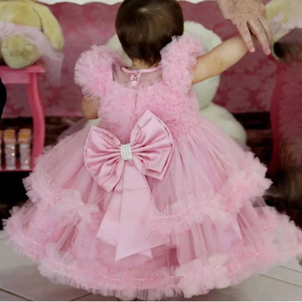 

Pink Puffy Princess Kids Dresses Real Image Flower Girl Dresses with Bow Pearls for Wedding Party Birthday Ball Gowns