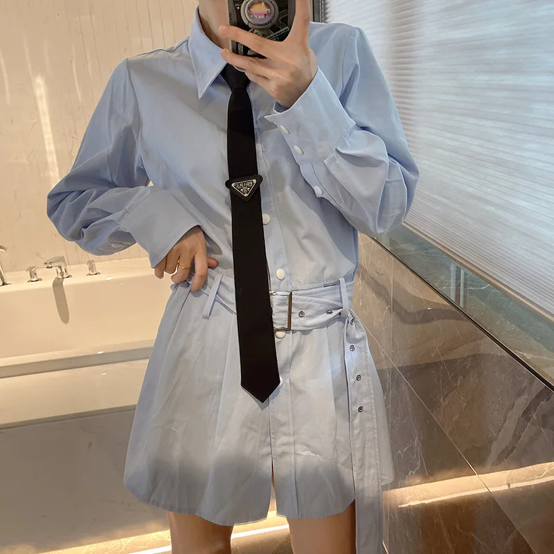 High Quality Korean Fashion TB Designer Blue Love Shirt A-Line Pleated Dress Long Sleeve Dress Shirt Dress Women's Gift Tie