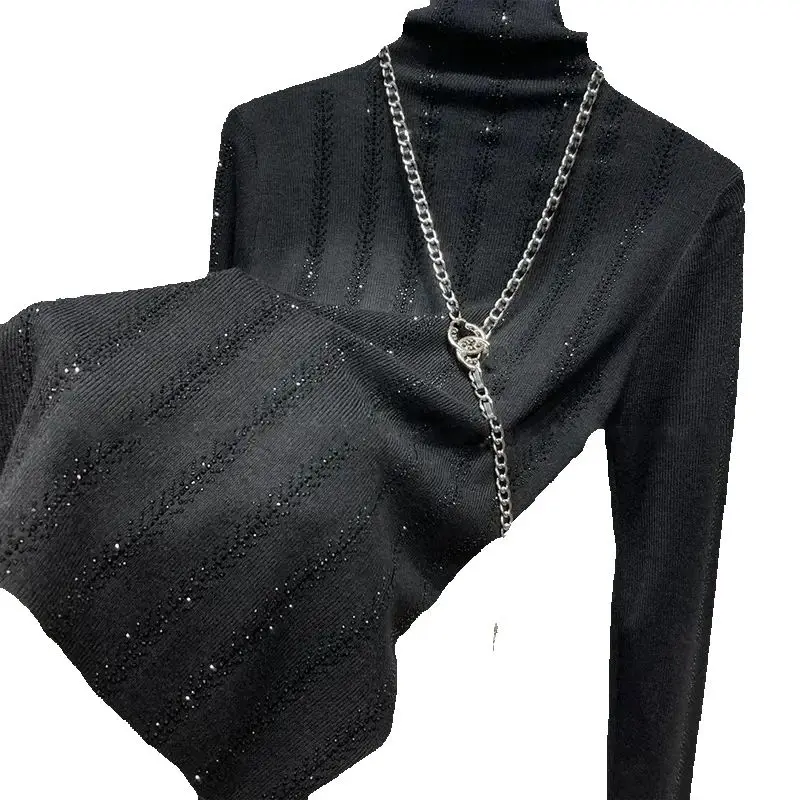 Осень-зима пуловер 2024 новая мода полосатая рубашка с высоким воротником женский