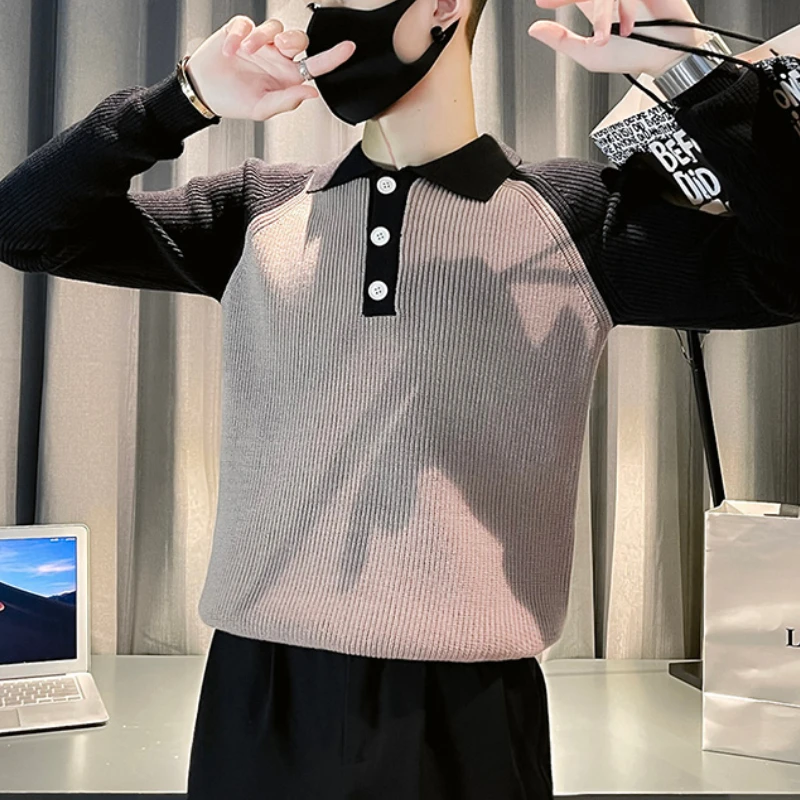 

2022 Autumn Winter Polo Sweater Fashion Stitching Long Sleeve Knitted Pullovers Lapel Casual Business Knitwear Tops Men Clothing