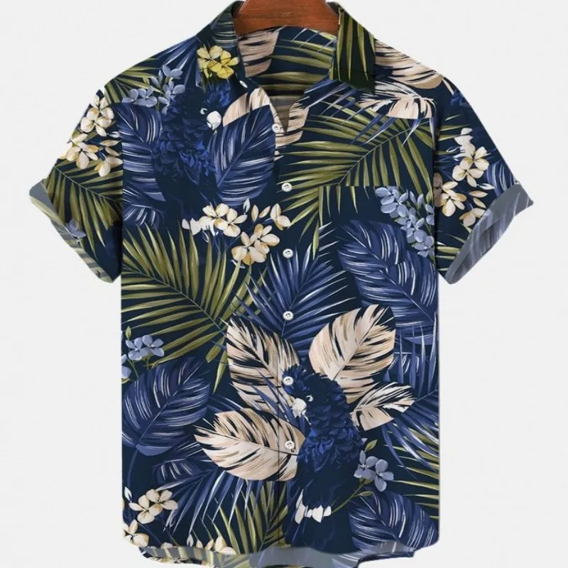 Men Leaves Elegant Shirts Camisa Floral Masculina Social Hawaiian Short Sleeve Printing Resort Style Top Hawaiian Short Sleeve