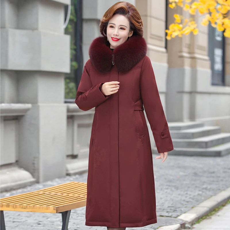 Middle-aged Women's Winter Long Down Coats 2022 New Real Fur Collar White Duck Down Jackets for Women Parkas Thick Warm Overcoat