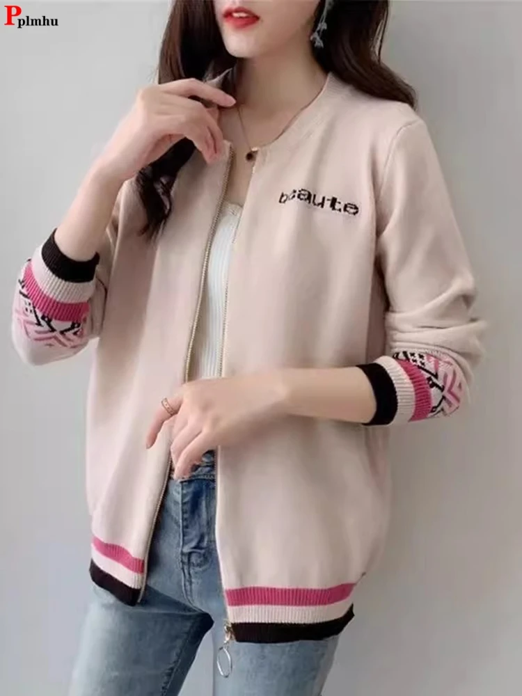 

Spring Fall O-neck Sweater Cardigan Zipper Printted Knitwears Coats Loose Soft Warm Malhas Jackets Casual Long Sleeve Knit Tops