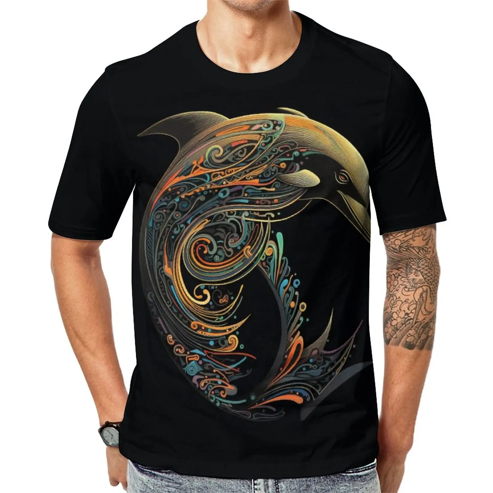 

Dolphin T-Shirt Intricate Lines Religious Art Harajuku T-Shirts Beach Graphic Tee Shirt Short-Sleeved Casual Oversized Clothing