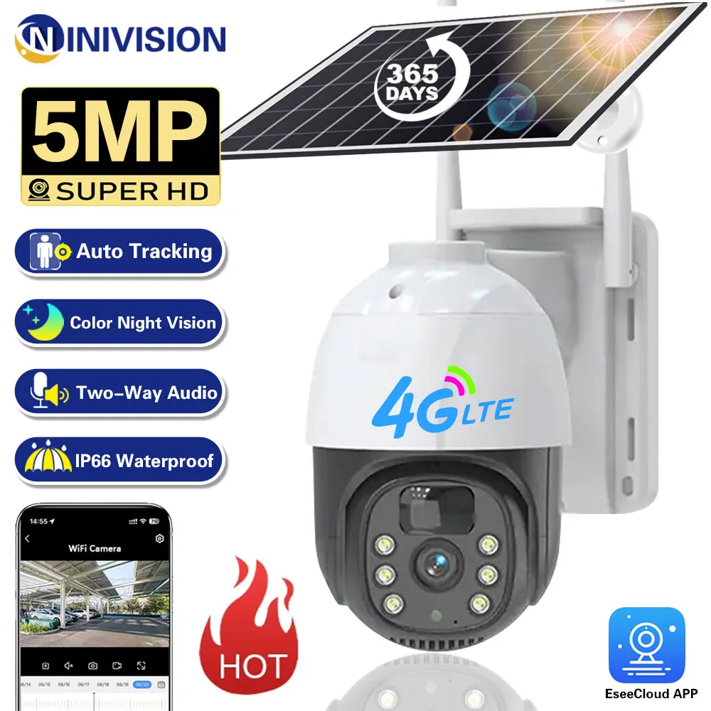 

HD 4G Solar Wifi PTZ Camera 5MP Outdoor IP66 Waterproof PIR Detection Auto Tracking Wireless CCTV Security Surveillance Camera