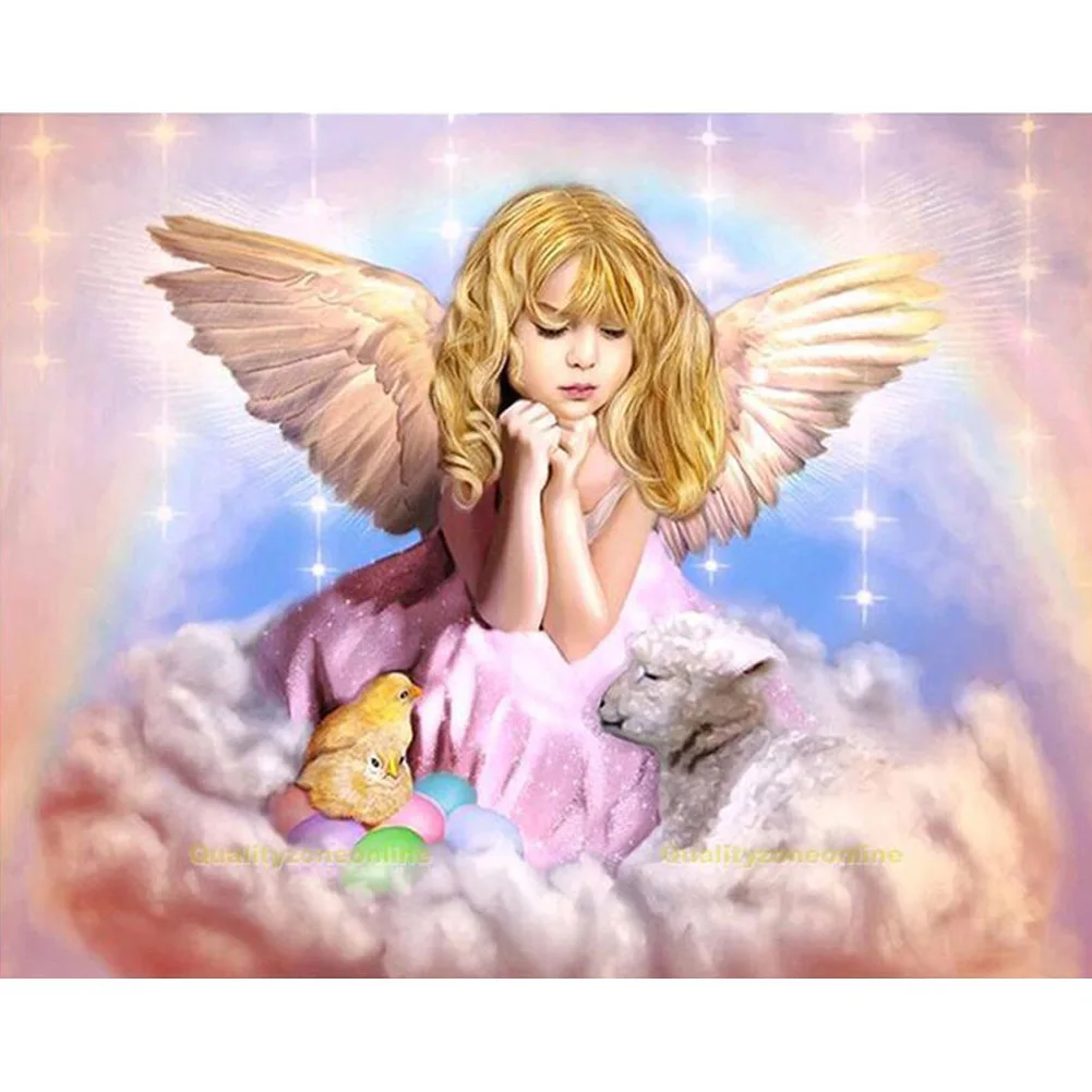 

Милый маленький ангел игра с маленькими животными курица и овечка Радуга фантазия фон 5D алмазная живопись