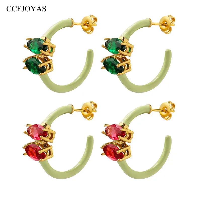 

CCFJOYAS Light Green Enamel C-type Stud Earrings for Women Titanium steel Geometric Red/Green Zircon CZ Earrings Fashion Jewelry