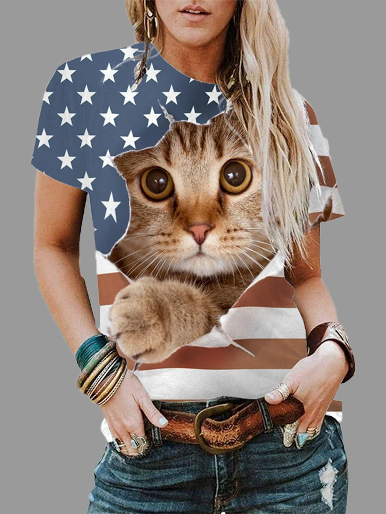 

U.S Flag Women Fake Hole Clothes T Shirt 3d Cat Print Fashion Short Sleeve Tops Routine Cozy O-neck Blouse Summer Cool T-shirts