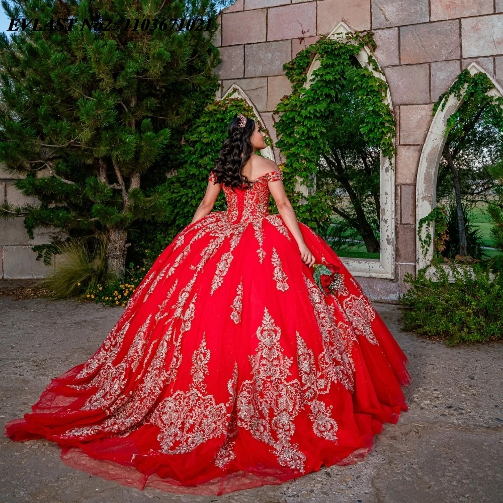 EVLAST Красное платье Quinceanera по индивидуальному заказу бальное с золотой кружевной