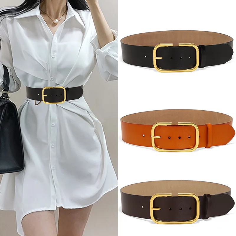 Leather Wide Belt For Women Gold Square Buckle Pin Buckle Belt Luxury Ladies Strap Female Jeans Dress Coat Waistband