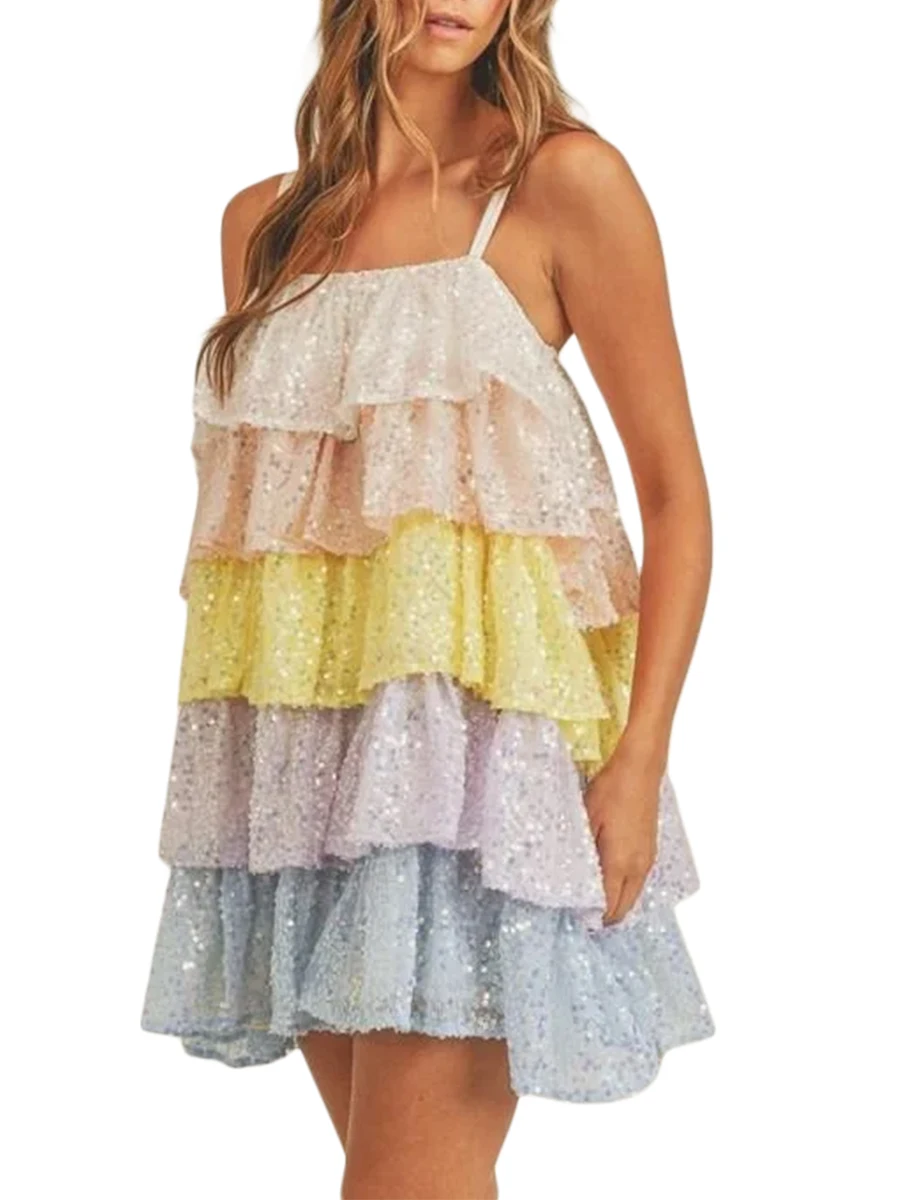 

Women Y2k Colorful Sequin Glitter Layered Mini Dress Spaghetti Strap Sparkle Tiered Cake Dresses Dance Party Clubwear