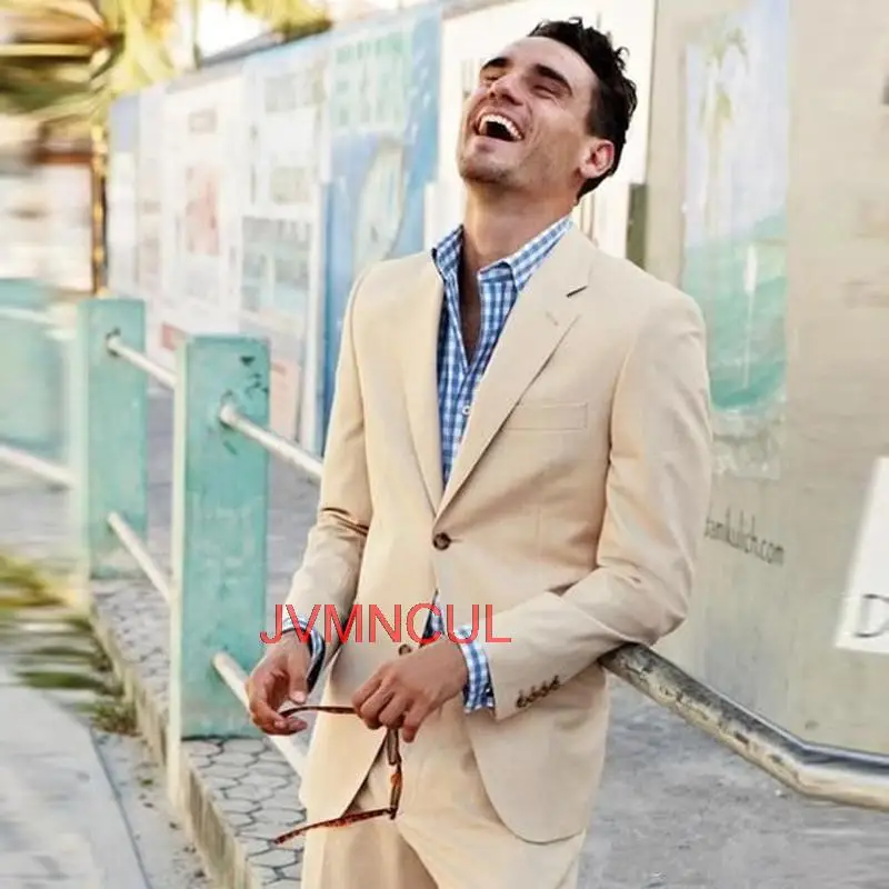 

2022 New Beige Notched Lapel Men Suits Slim Fit Wedding Groom Tuxedos 2 Pieces (Jacket+Pants) Bridegroom Suits Best Man Blazer
