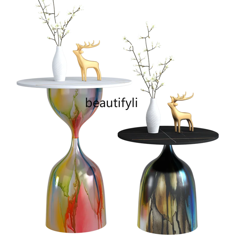 

LBX Nordic Modern Stone Plate Coffee Table Sofa Corner Table Creative Simple Side Table Iron Art Small round Table Painted