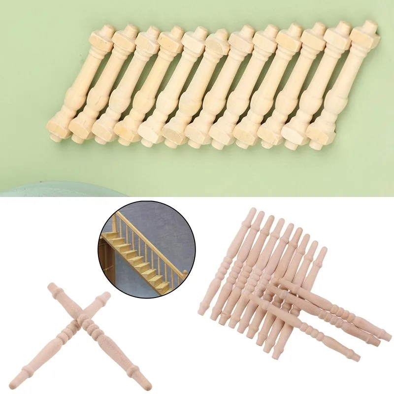 

New 12 Pcs DIY Spindles Balusters Wooden Railings Staircase Handrail Dollhouse Miniature 1/12 Scale Stair Railing Furniture Toys