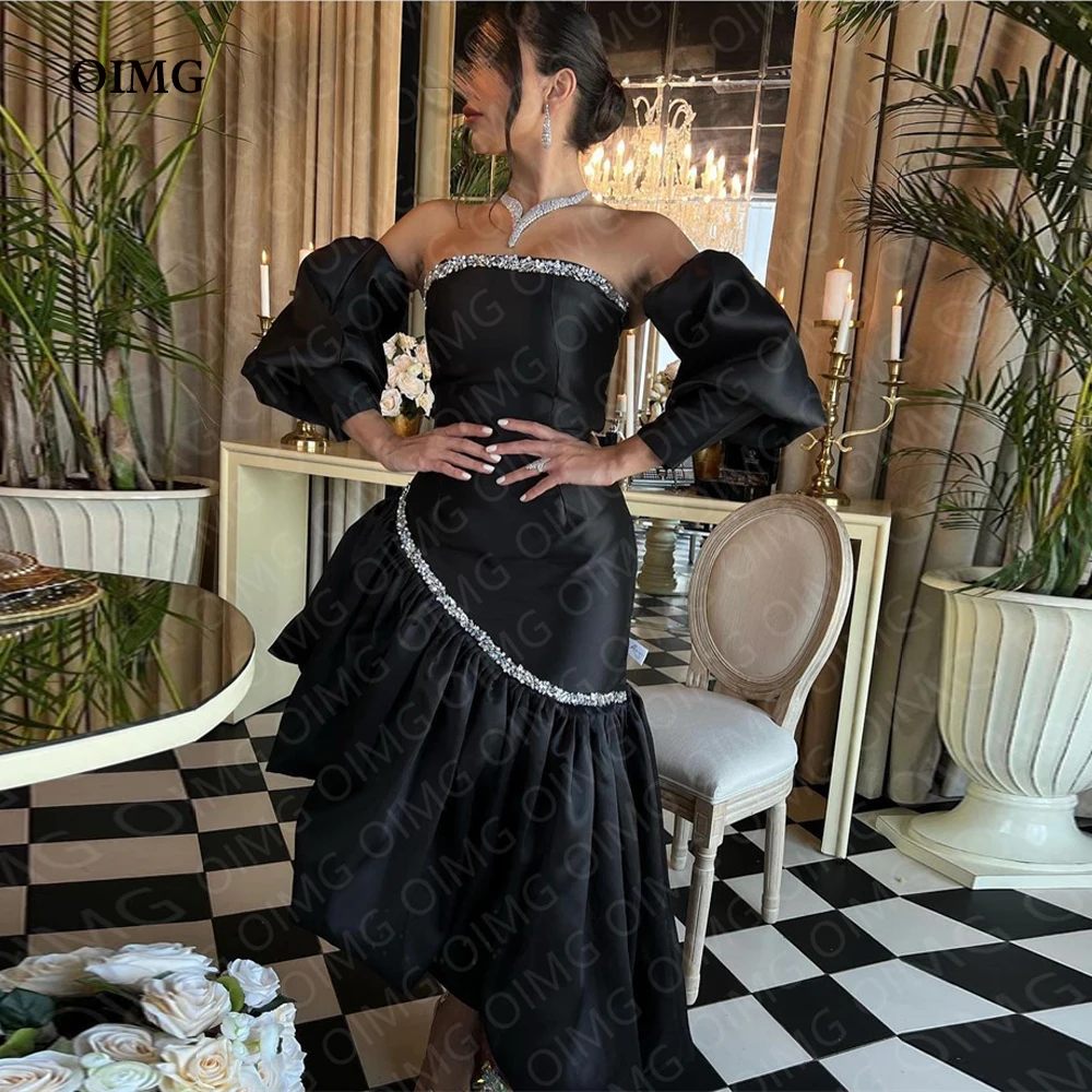 

Черные блестящие вечерние платья OIMG в стиле Дубай, Саудовский, арабский, с коротким рукавом, трапециевидные, без бретелек, винтажные официал...