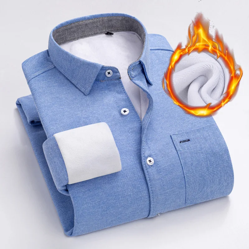 Casual Plush Thickened Shirt Warm Keeping Solid Color Business Long Sleeve Shirt Base Coat Winter Men's Solid Color Shirt