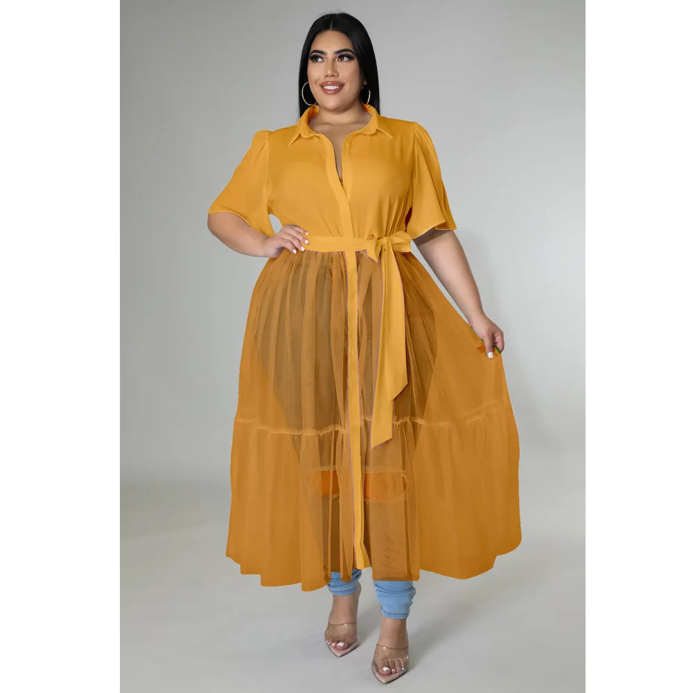 Plus Size Women's Dress 2023 Summer New Women Solid Color Shirt Mesh Large Top Dress Fashion Short Sleeve Casual Female Clothes
