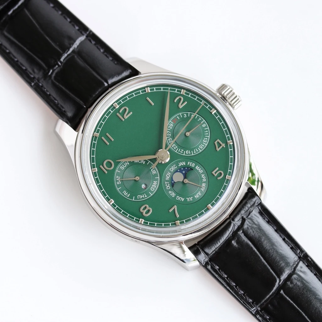 

Mens Sport Watch Black Leather Stainless Steel Automatic Mechanical Movement 43mm Green Blue Dial Watches