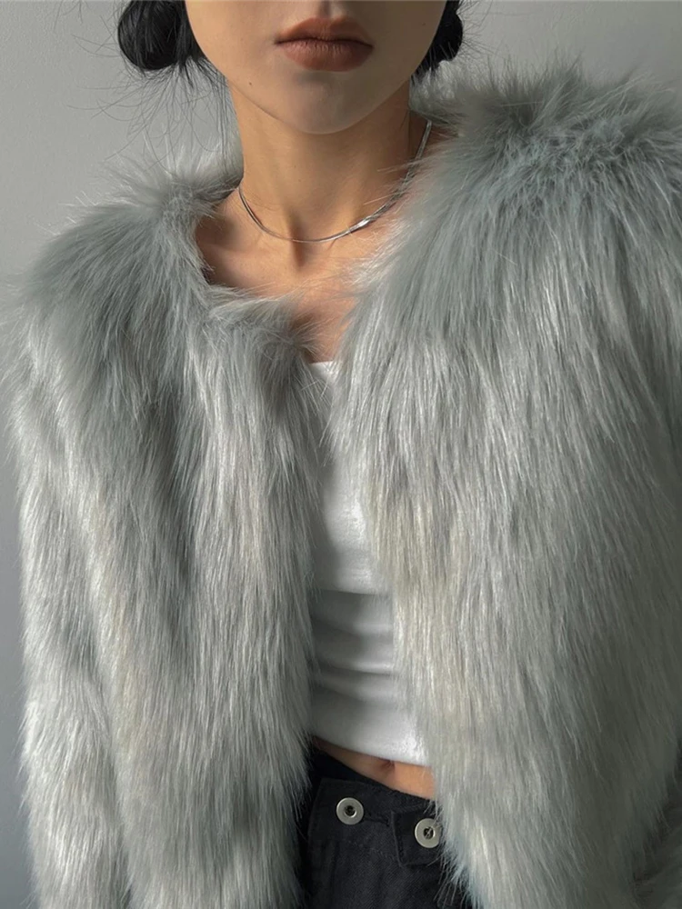 Goth Dark Faux Fur Coats Women Winter 2022 Autumn Y2k Korean Fashion Crop Jackets Gothic Elegant Slim Warm Outwear Streetwear