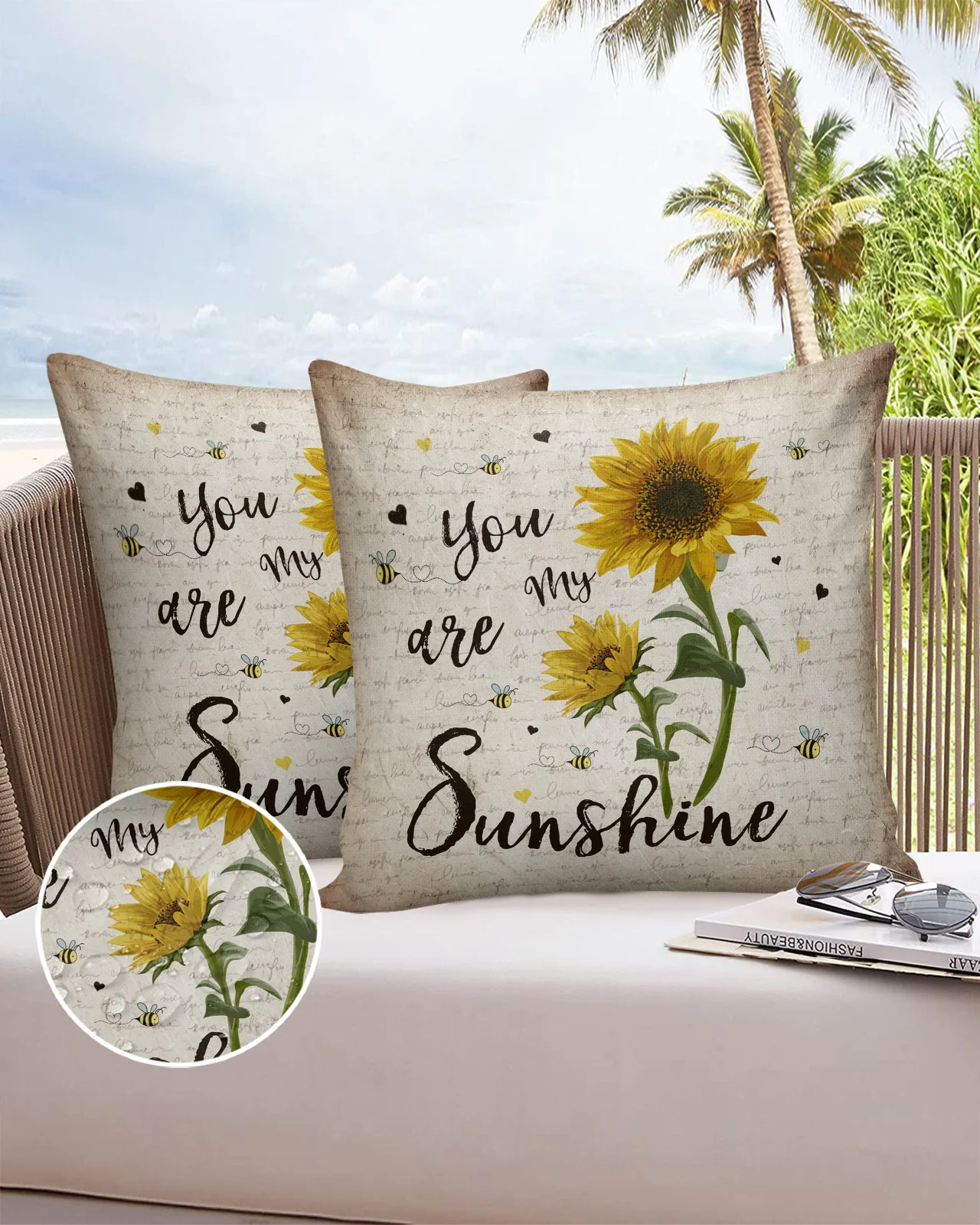 

2/4PCS Outdoor Garden Chair Waterproof Cushion Cover Sunflower Vintage Letter Bee Home Decor 40/45/50/60/66cm Pillow Case