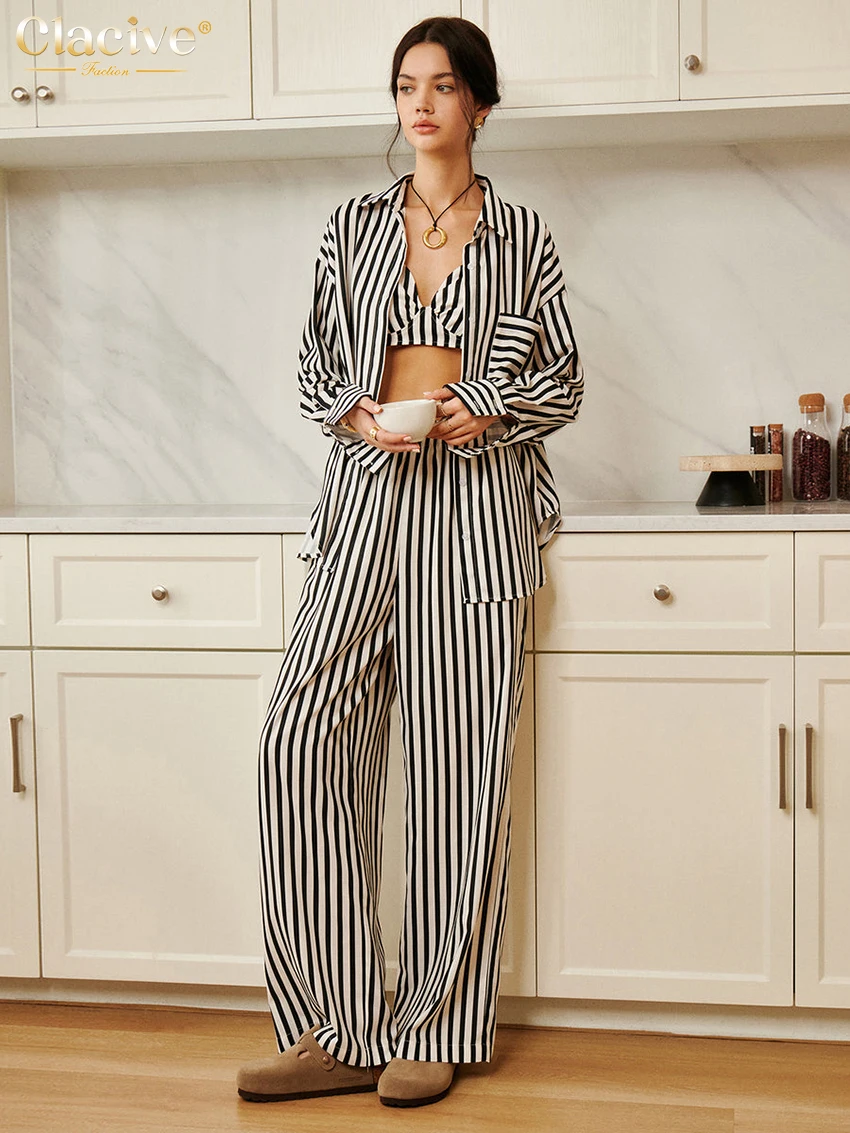Clacive Fashion Свободные брюки в полоску с принтом Женские комплекты из 3 предметов
