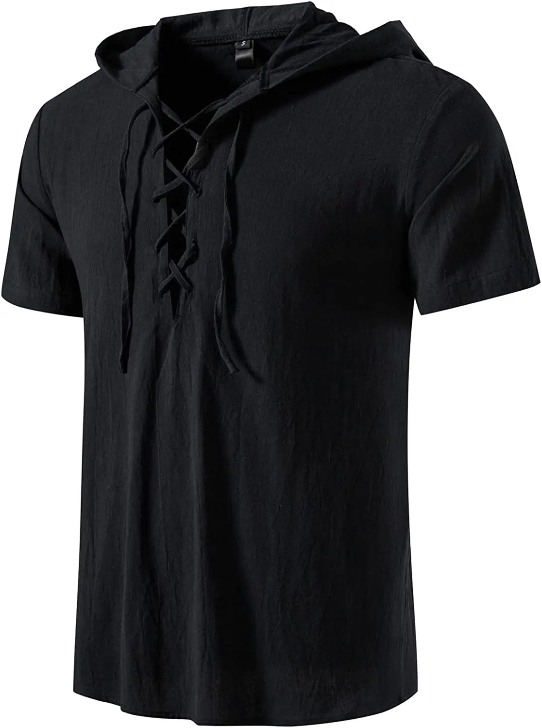 

Men's cotton traditional retro style lace-up short sleeved hooded shirt, suitable for medieval, Viking, hippie