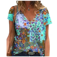 2021 new summer floral print t shirt women v neck short sleeve loose plus size shirt fashion ladies oversize tops tee streetwear