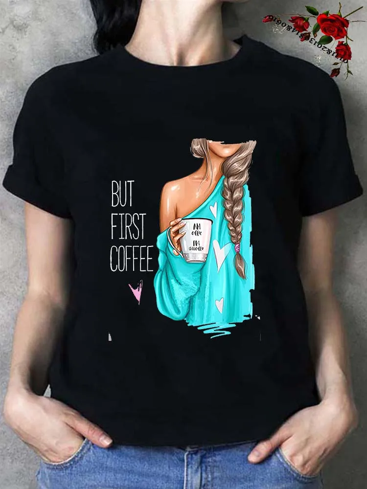 

Coffee Girl Casual Women's T-shirt New Black Women's Top Round Neck Women's Harajuku Fashion Short Sleeve