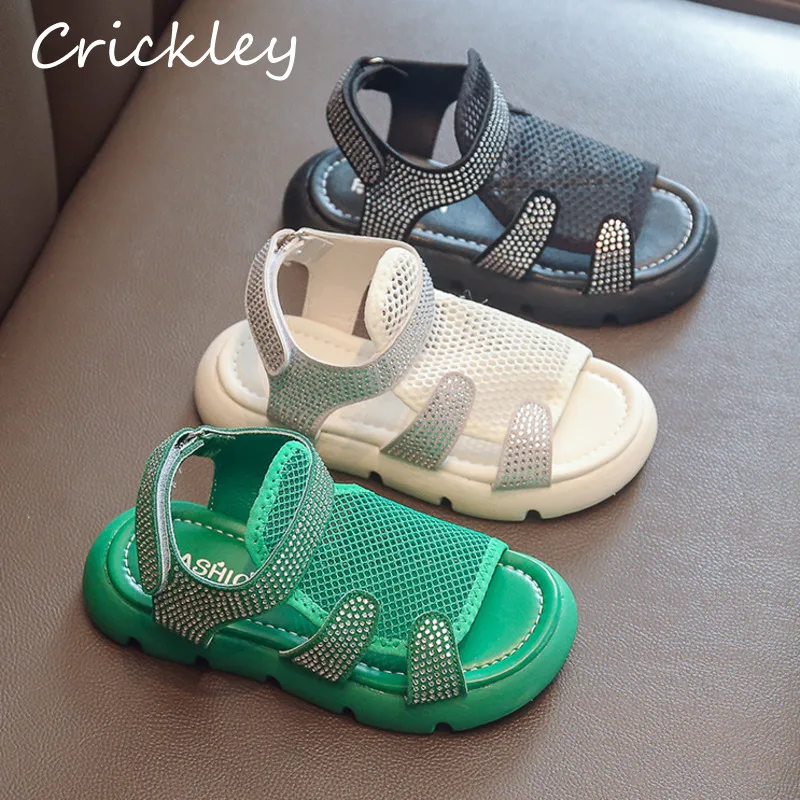 

Сандалии Детские сетчатые на липучке, мягкая нескользящая подошва, для принцесс, летняя обувь с кристаллами, модные босоножки