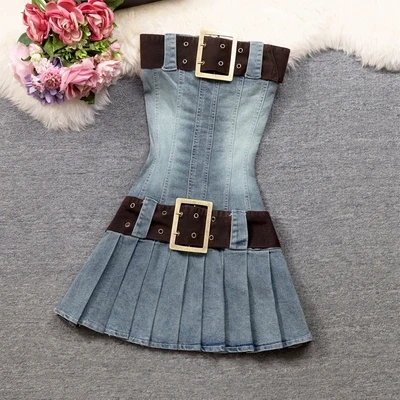 

Женское летнее облегающее платье Amolapha без бретелек и рукавов, плиссированные джинсы, мини-платье