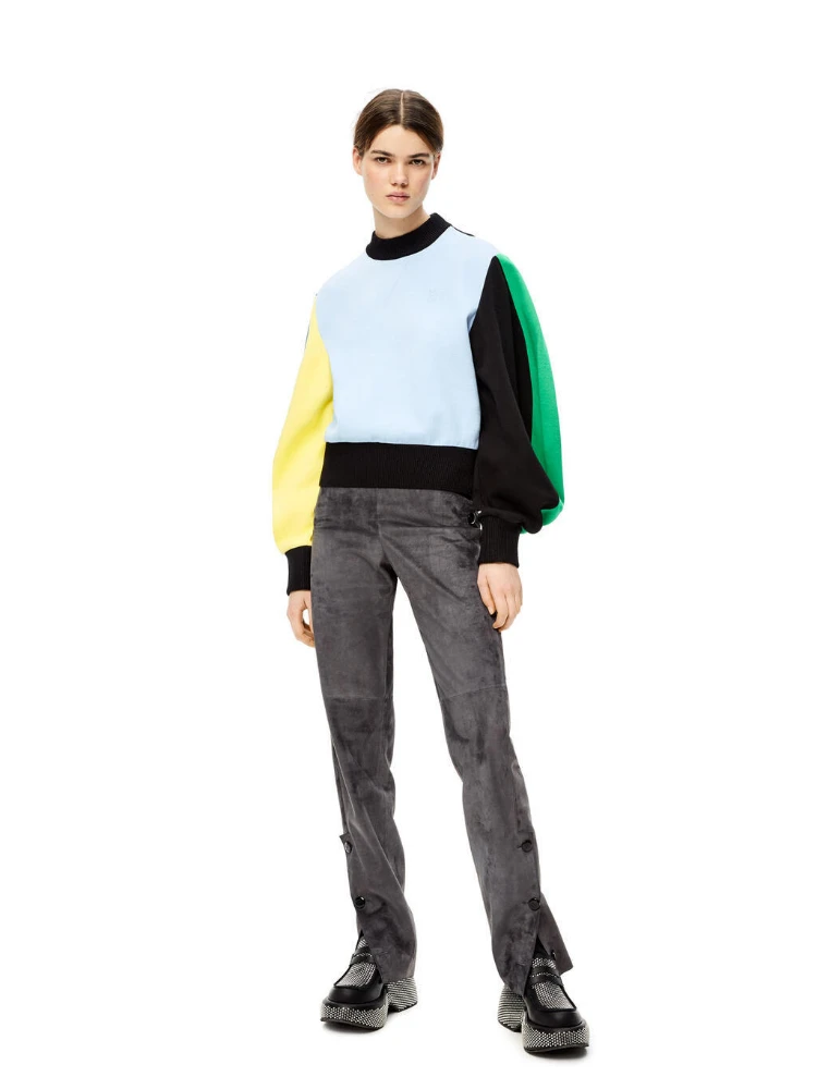

2022 Spring Autumn New 100% Color-blocking Fleece Sweater Round Neck Lantern Sleeve Ladies Casual Long-sleeved Pullover