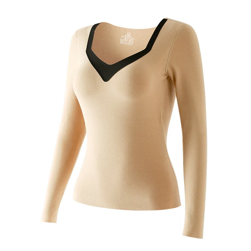 Thermal underwear women's thin V-neck primer women's autumn clothing self-heating with chest pad  Wear outside