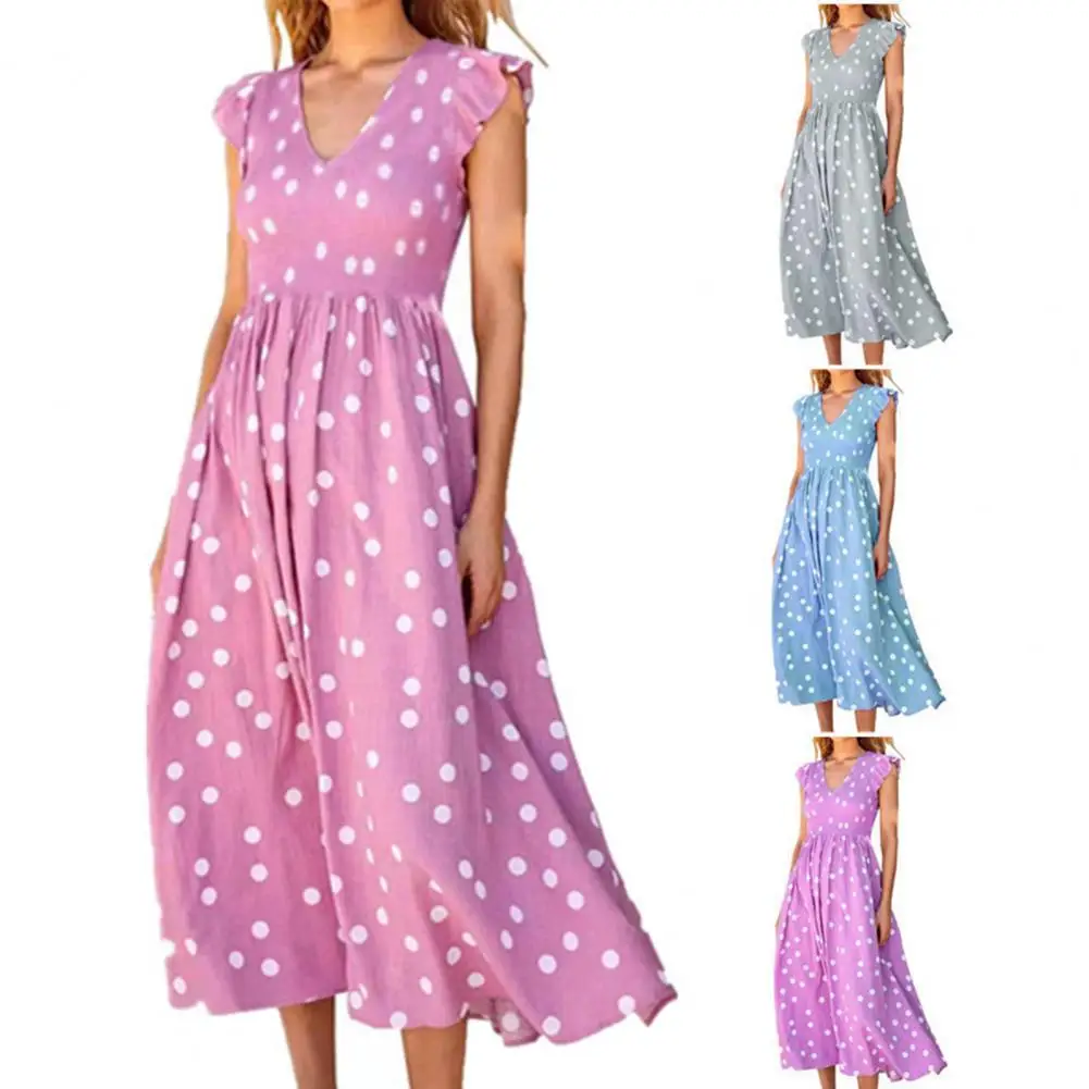 

Summer Dress Dot Print Contrast Color Ruffle V Neck Women Dress for Daily Wear