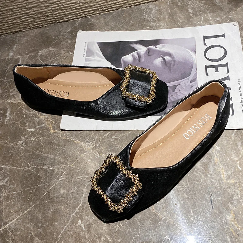 Plus Size Flat Shoes for Women 2023 New Spring Autumn Korean Fashion Checker Diamond Buckle Shoes Shallow Mouth Women's Shoes