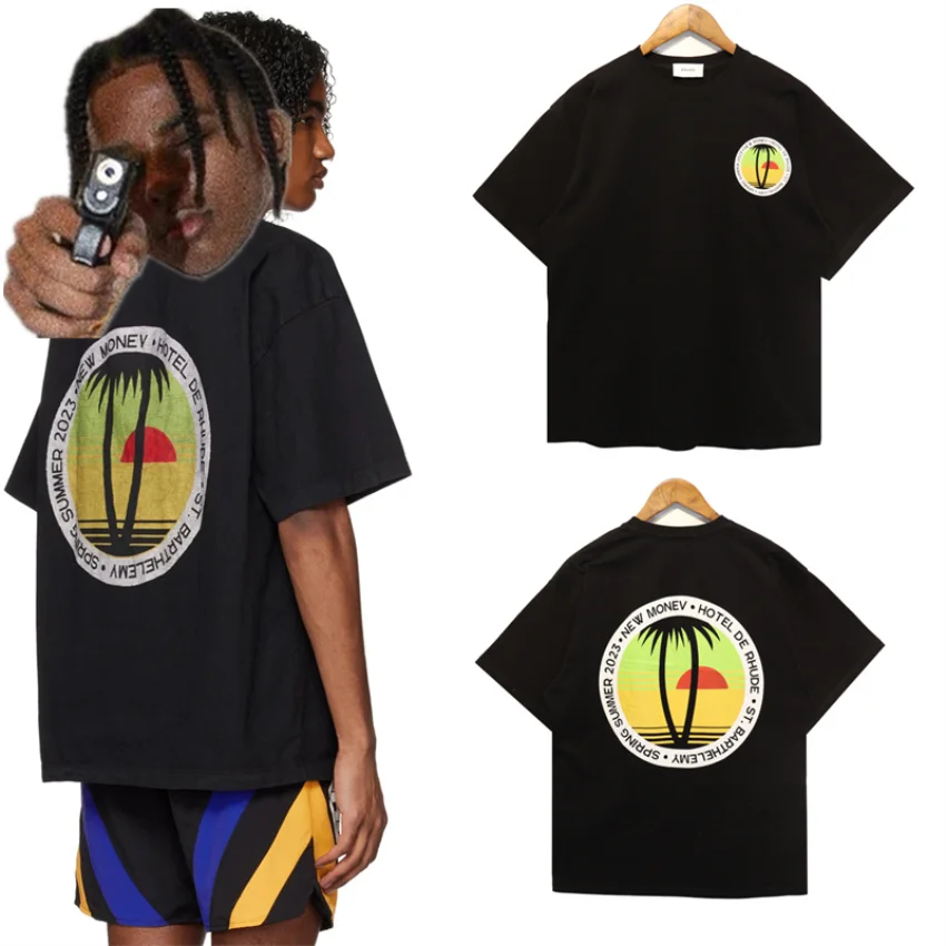 

Sunset Coconut Tree Logo Rhude T-shirt Men Woman High Quality T Shirt Oversized Loose Top Tees