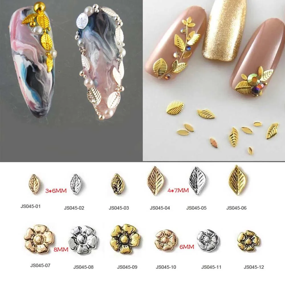 

20pcs Retro Metal Nail Art Charms Gold/Sivler Fallen Leaves Classic Five Petaled Flower Nail Decoration Rhinestone Nail Supplies