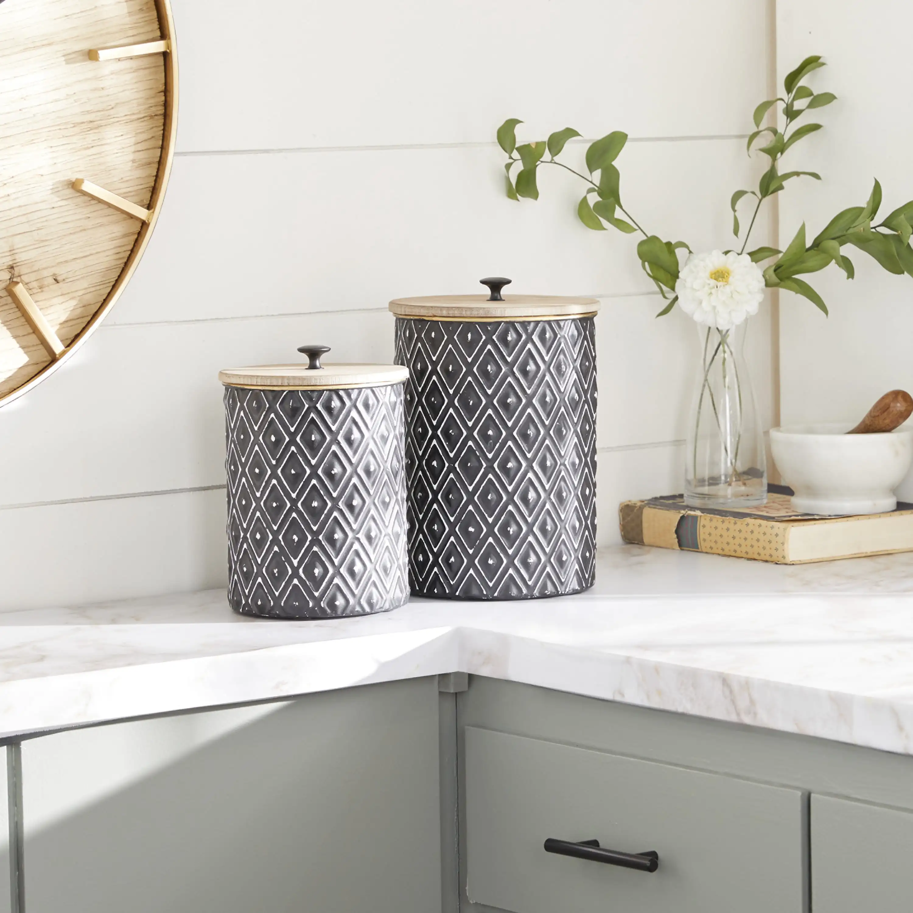

11", 9"H Black Metal Geometric Decorative Jars with Wood Lids, 2-Pieces