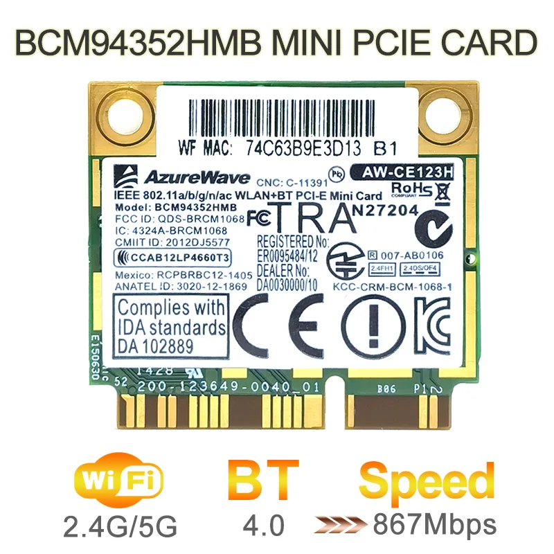 Беспроводная Wi-Fi WLAN Bluetooth-карта AzureWave AW-CE123H BCM4352 BCM94352HMB Half Mini PCIe PCI-express 802.11AC 867Mbps