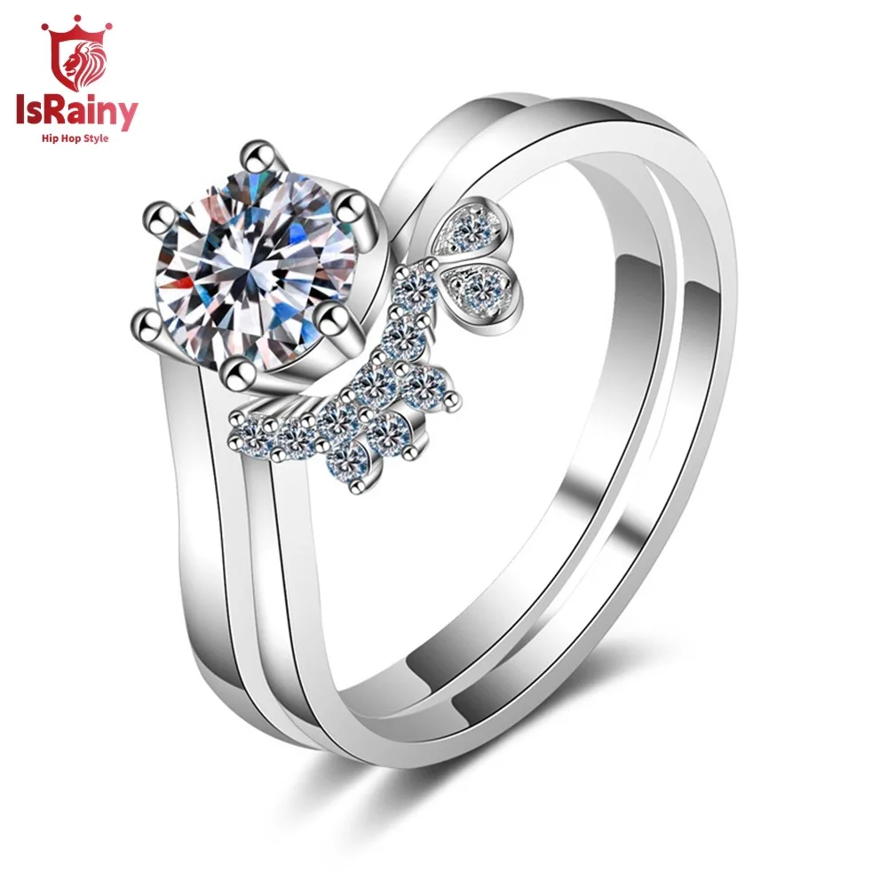 IsRainy D цвет 4 мм круглый муассанит с бриллиантом 925 пробы кольца 2-в-1 для женщин