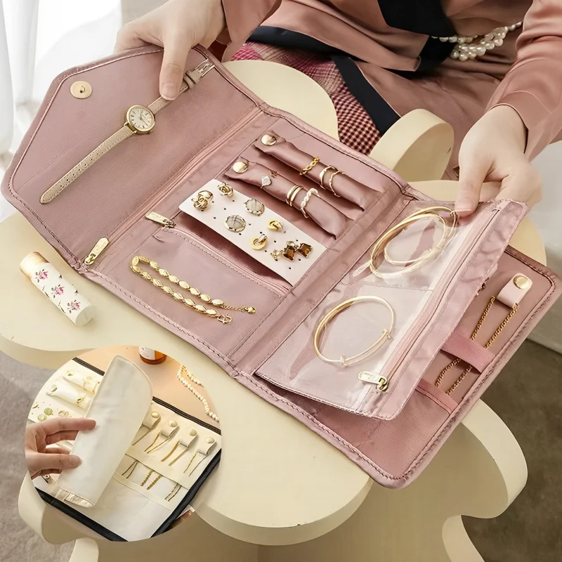 

1PCS Roll Foldable Jewelry Case Travel Jewelry Organizer Portable for Journey Earring Ring Diamond Necklace Brooches Storage Bag